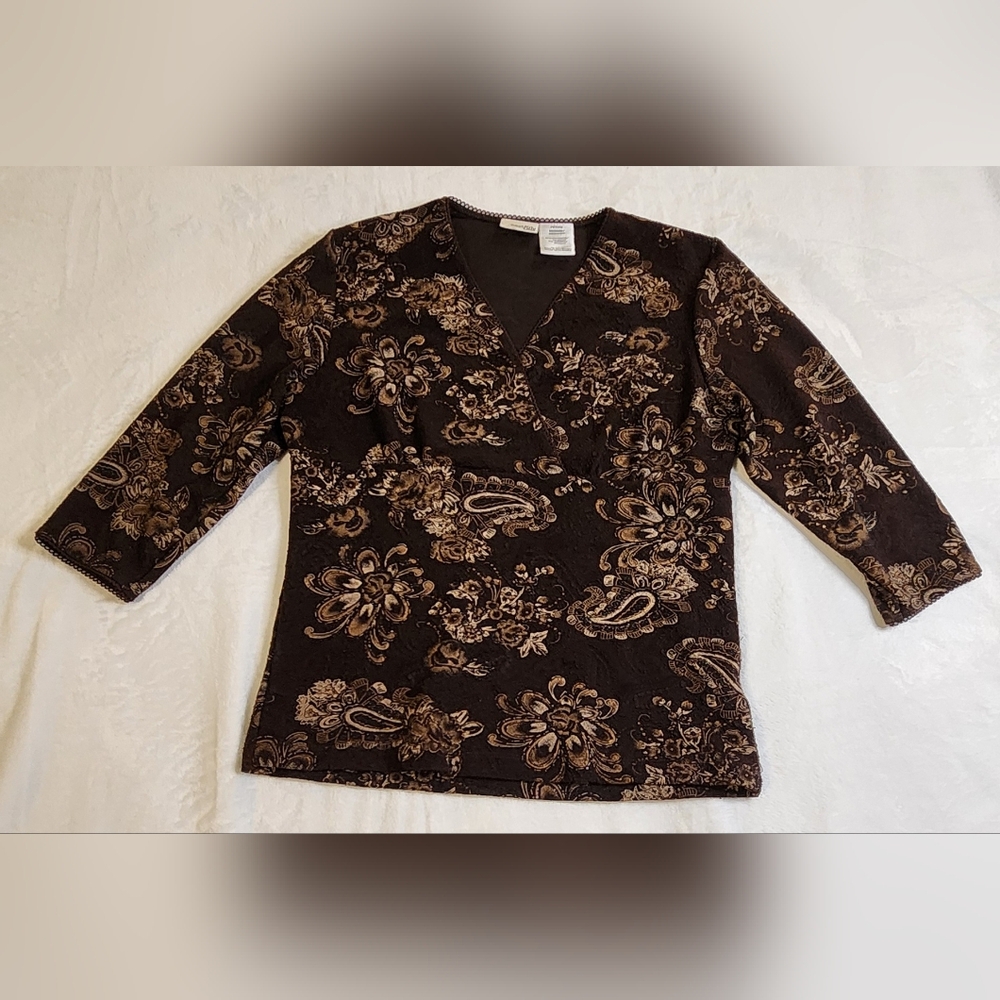 Paisley And Floral‎ Embroidered 3/4 Sleeve Cross Bodice Top, Brown And Gold, MP